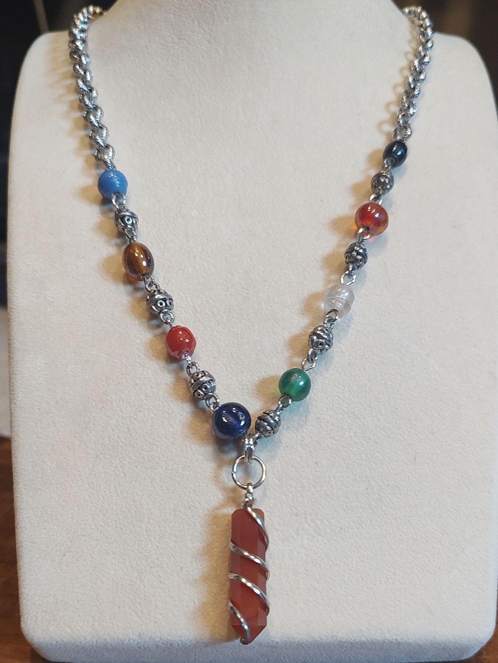 Carnelian Pendant And Beaded Chain/Rolo Link Chain 19"